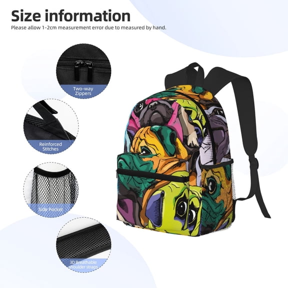 Gukieu Colorful Pug Print Backpack, Waterproof Backpack with Adjustable Shoulder Straps, Suitable for Campus, Business, Travel, Unisex