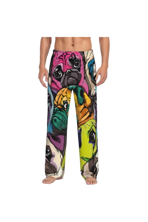 Colorful Pug Print Men's Home Trousers, Elastic Drawstring Home Pajamas Clothing Suitable for Adult Men-Large