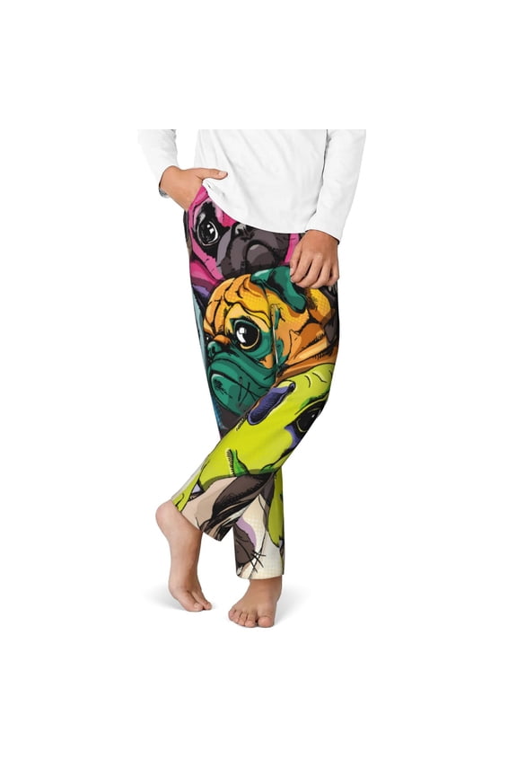 Colorful Pug Print Youth Home Trousers, Elastic Waistband with Pockets for Home and Outing, Suitable for Children Aged 5-16-Small
