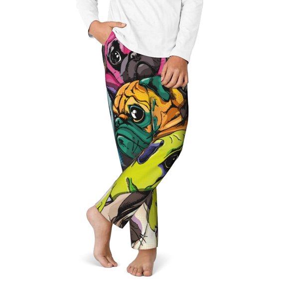 Gukieu Colorful Pug Print Youth Home Trousers, Elastic Waistband with Pockets for Home and Outing, Suitable for Children Aged 5-16-XS(5-6)