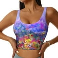 thumbnail image 1 of Gukieu Colorful Purple Cosmos Flower Print Women's Sports Vest, Low-neck U-shaped Removable Pad Sports Bra for Yoga, Exercise, Dance-Large, 1 of 8
