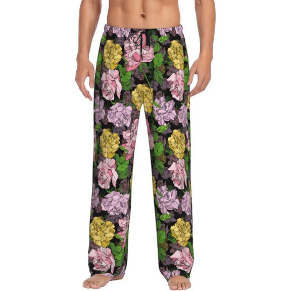 Gukieu Colorful Roses Print Men's Home Trousers, Elastic Drawstring Home Pajamas Clothing Suitable for Adult Men-3X-Large
