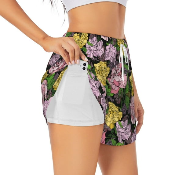 Gukieu Colorful Roses Print Women's Sports Shorts with Drawstring Elastic Waistband for Running, Yoga, Fitness-Medium
