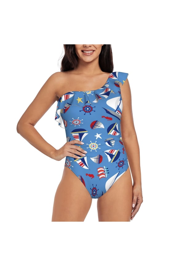 Colorful Sailing Ship Print One-shoulder Ruffled One-piece Swimsuit with Removable Chest Pads and Tummy-control Swimsuit for Women-X-Large
