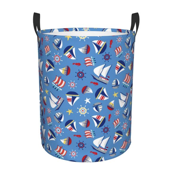 Gukieu Colorful Sailing Ship Print Round Dirty Clothes Bag, Waterproof Standing Home Bathroom Storage Basket Car Trunk Storage Bag-Medium