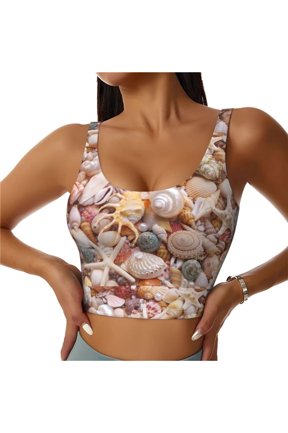 Colorful Seashells Print Women's Sports Vest, Low-neck U-shaped Removable Pad Sports Bra for Yoga, Exercise, Dance-Medium