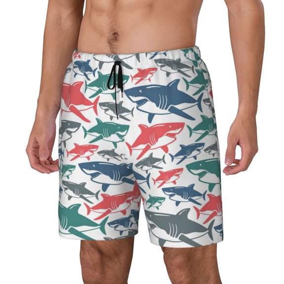 Gukieu Colorful Shark Print Men's Double Layer Sports Swim Trunks, Quick Dry Adjustable Waist Swim Shorts Swimwear-Medium