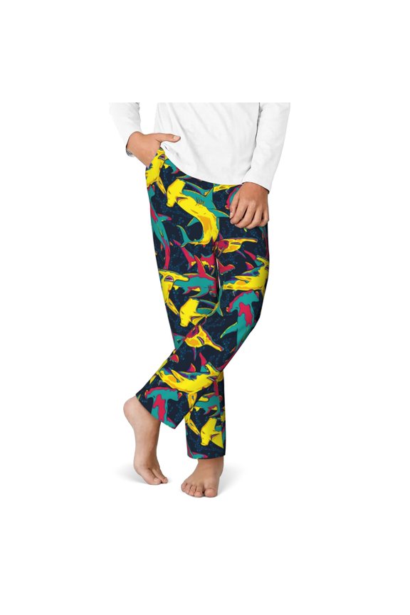 Colorful Sharks Print Youth Home Trousers, Elastic Waistband with Pockets for Home and Outing, Suitable for Children Aged 5-16-Medium