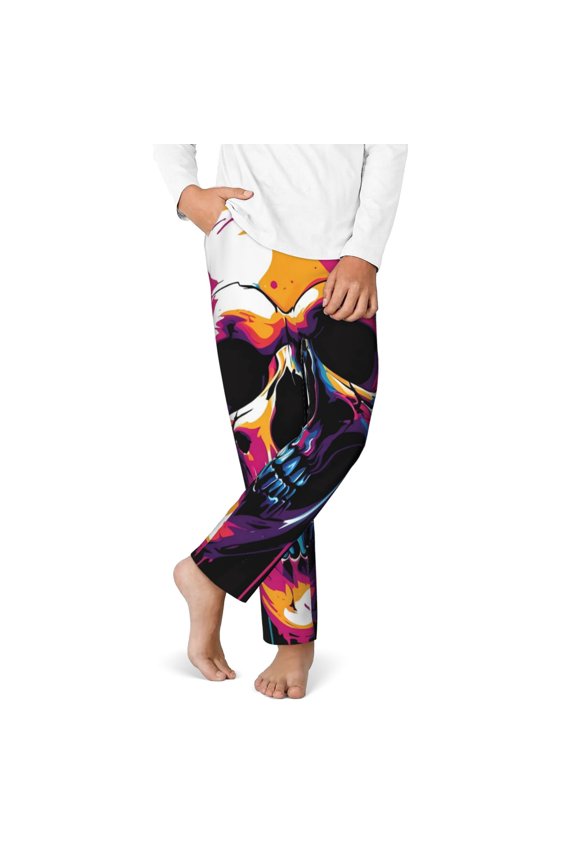 Colorful Skull Print Youth Home Trousers, Elastic Waistband with Pockets for Home and Outing, Suitable for Children Aged 5-16-Small