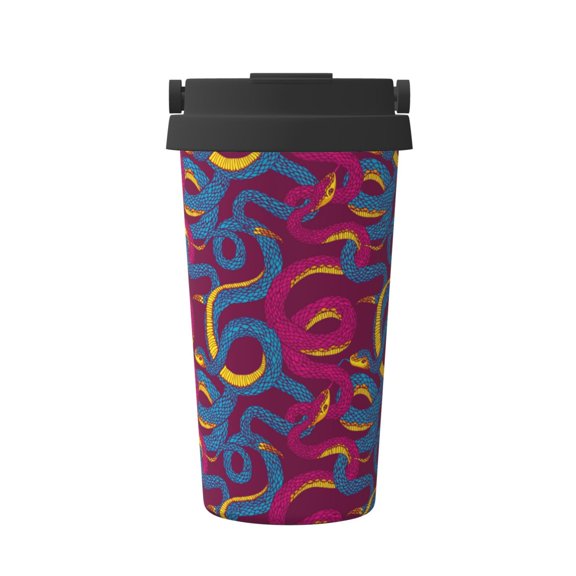 Gukieu Colorful Snake Print Insulated Coffee Cup, Portable Stainless Steel Vacuum Cup with Lid, Unisex, Suitable for Office, Cafe, Car