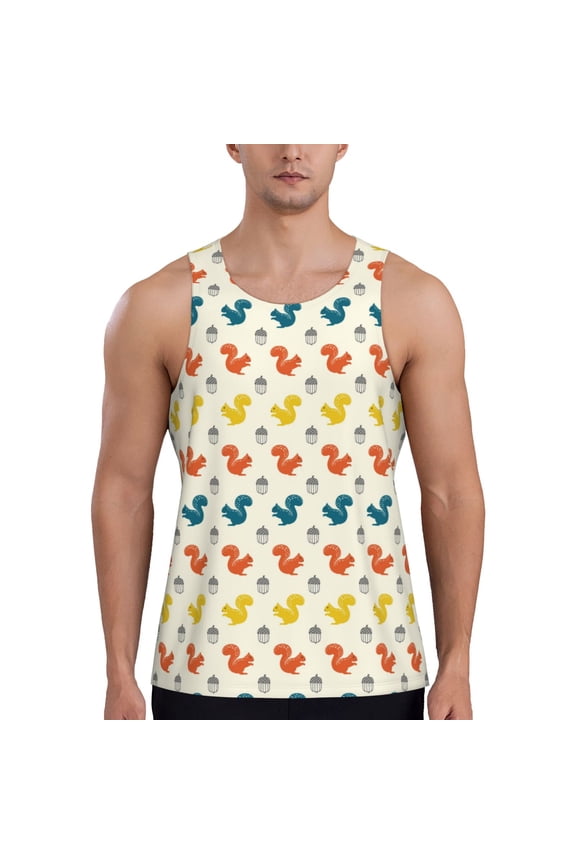 Colorful Squirrel Print Men's Quick Dry Fitness Vest, Round Neck Sleeveless Fitness Bodybuilding Top-4X-Large