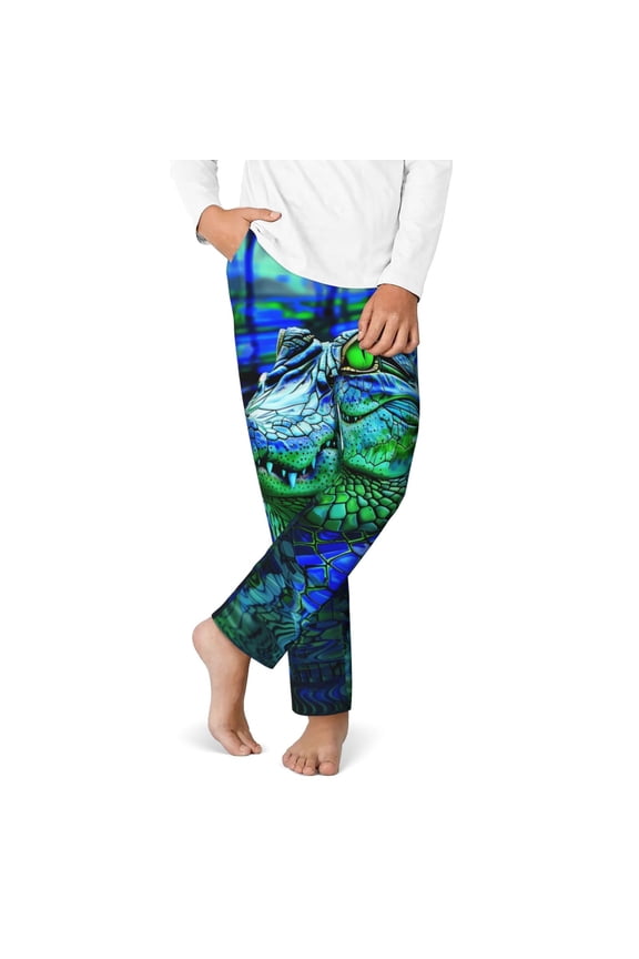 Colorful Stained Glass Crocodile Print Youth Home Trousers, Elastic Waistband with Pockets for Home and Outing, Suitable for Children Aged 5-16-Small