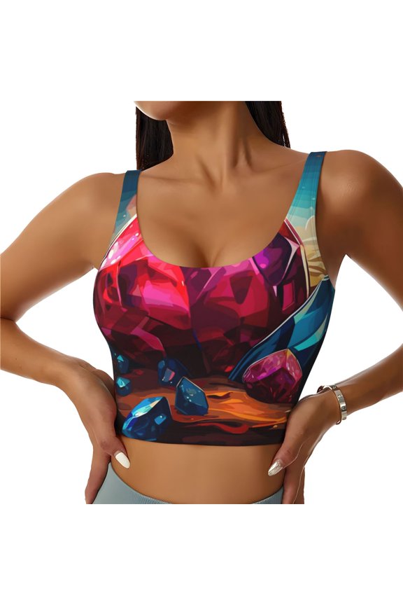 Colorful Stone World Print Women's Sports Vest, Low-neck U-shaped Removable Pad Sports Bra for Yoga, Exercise, Dance-Medium