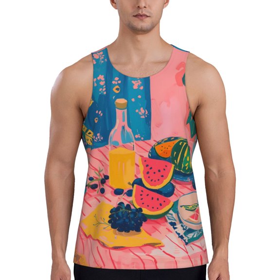 Gukieu Colorful Summer Fruit Table Print Men's Quick Dry Fitness Vest, Round Neck Sleeveless Fitness Bodybuilding Top-3X-Large