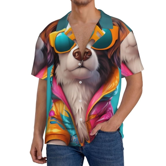 Gukieu Colorful Sunglasses Dog Print Men's Short-sleeved Shirts, Button-down Pocket Shirts, T-shirts, Beach Vacation Travel Summer Clothing-Large