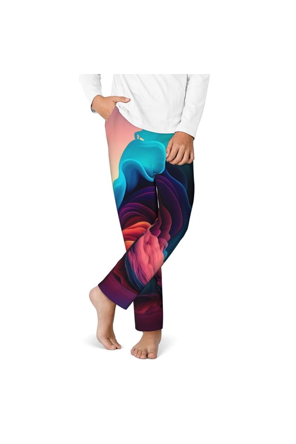 Colorful Surreal Landscape Print Youth Home Trousers, Elastic Waistband with Pockets for Home and Outing, Suitable for Children Aged 5-16-XS(5-6)