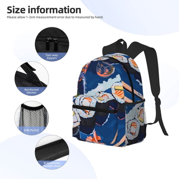 Gukieu Colorful Sushi Food Art Print Backpack, Waterproof Backpack with Adjustable Shoulder Straps, Suitable for Campus, Business, Travel, Unisex