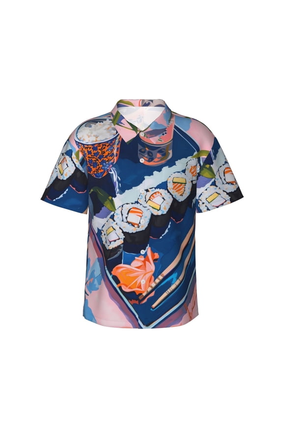 Colorful Sushi Food Art Print Men's Short-sleeved Shirts, Button-down Lapel Hawaiian Shirts, T-shirts, Beach Vacation Summer Casual Wear,Medium