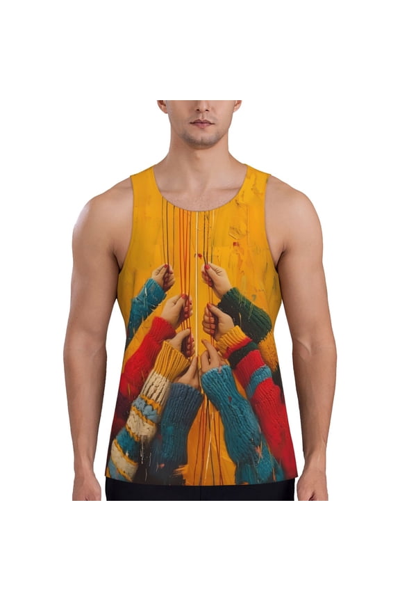 Colorful Sweaters And Strings Print Men's Quick Dry Fitness Vest, Round Neck Sleeveless Fitness Bodybuilding Top-Large