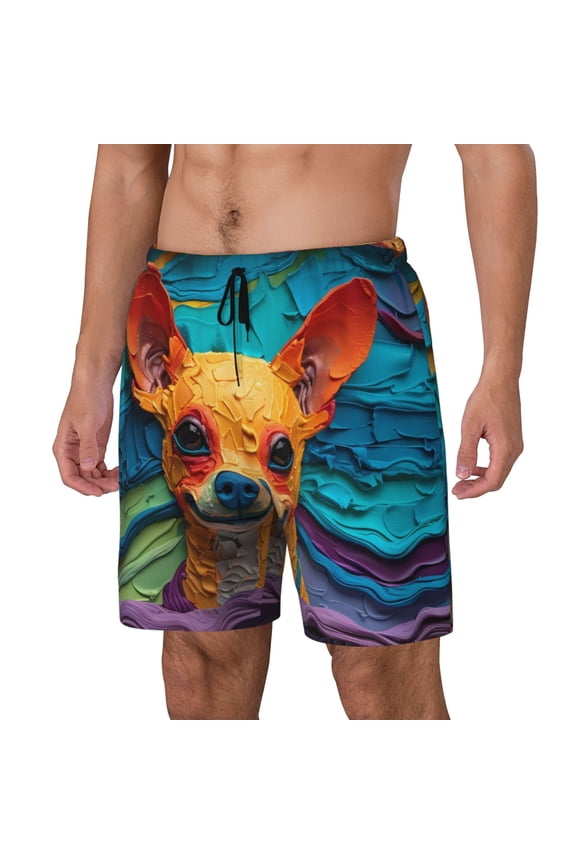 Colorful Textured Chihuahua Print Men's Double Layer Sports Swim Trunks, Quick Dry Adjustable Waist Swim Shorts Swimwear-Medium