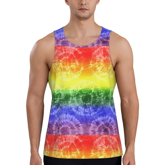 Gukieu Colorful Tie Dye Print Men's Quick Dry Fitness Vest, Round Neck Sleeveless Fitness Bodybuilding Top-Small
