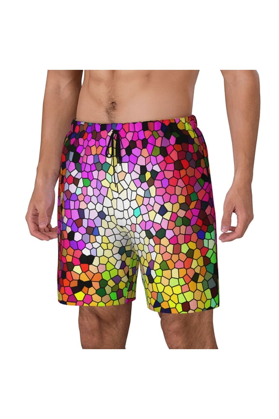 Colorful Tie Dye Stained Glass 3 Print Men's Double Layer Sports Swim Trunks, Quick Dry Adjustable Waist Swim Shorts Swimwear-Medium