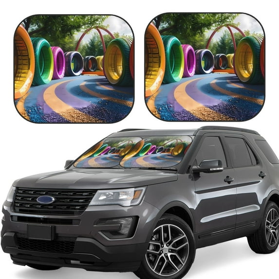 Gukieu Colorful Tire Tunnel Park Print Car Windshield Sun Visor, Foldable Anti-UV Car Sun Visor Suitable for Vans, Trucks Car Accessories-Small