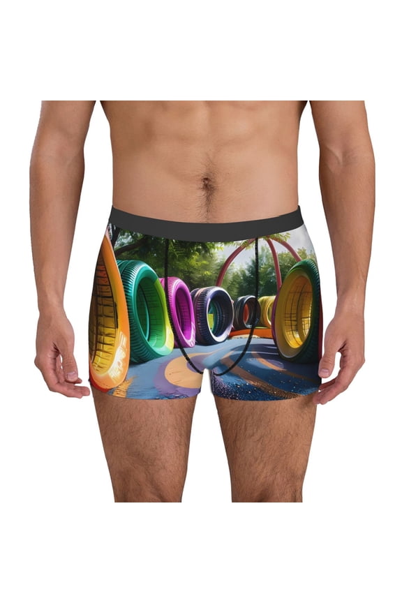 Colorful Tire Tunnel Park Print Men's Boxer Briefs, High Elastic Moisture Wicking Boxer Briefs Underwear-Small