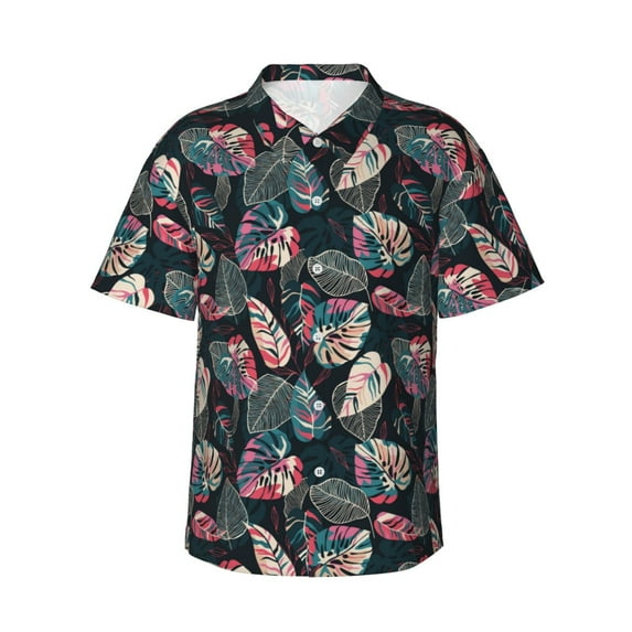 Gukieu Colorful Tropical Leaves Print Men's Short-sleeved Shirts, Button-down Lapel Hawaiian Shirts, T-shirts, Beach Vacation Summer Casual Wear,XX-Large