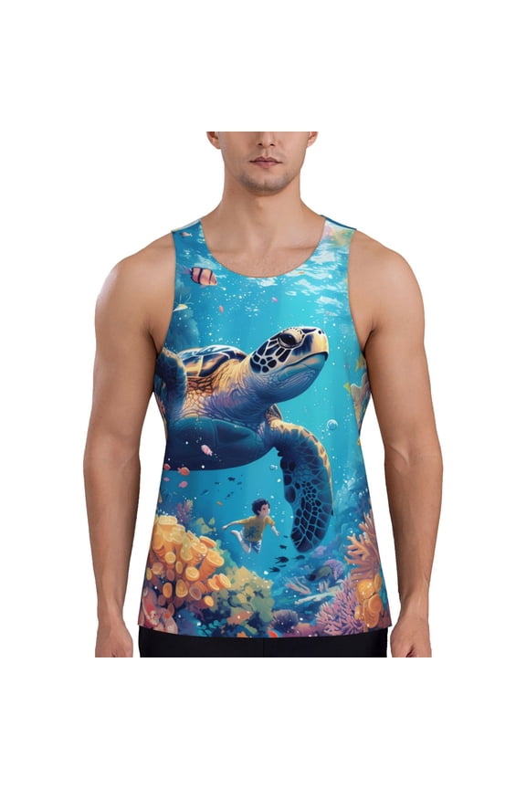 Colorful Underwater Plant Turtle Print Men's Quick Dry Fitness Vest, Round Neck Sleeveless Fitness Bodybuilding Top-4X-Large