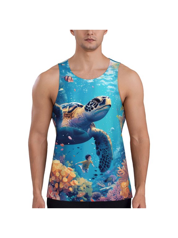 Colorful Underwater Plant Turtle Print Men's Quick Dry Fitness Vest, Round Neck Sleeveless Fitness Bodybuilding Top-X-Large