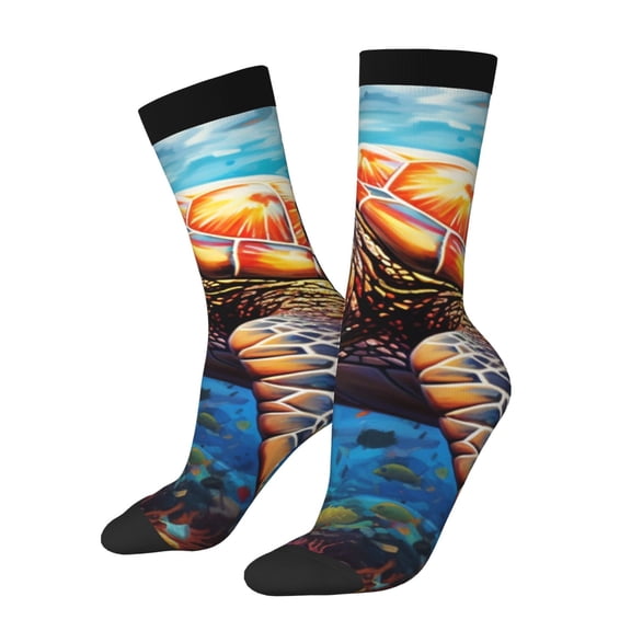 Gukieu Colorful Underwater Sea Turtle Print Contrast Color Mid-calf Socks, Sweat-wicking Athletic Socks, Unisex Clothing Accessories