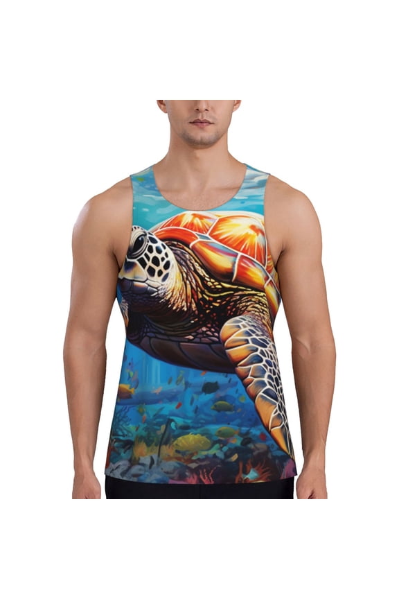 Colorful Underwater Sea Turtle Print Men's Quick Dry Fitness Vest, Round Neck Sleeveless Fitness Bodybuilding Top-Large
