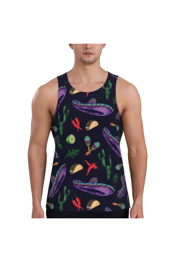 Colorful Vintage Cactuses Print Men's Quick Dry Fitness Vest, Round Neck Sleeveless Fitness Bodybuilding Top-XX-Large