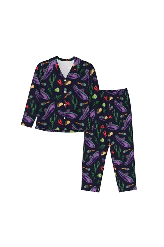 Colorful Vintage Cactuses Print Women's Long Sleeve Pajama Set, Button Top Elastic Pocket Pajama Pants Two Piece Set Home Wear-Large