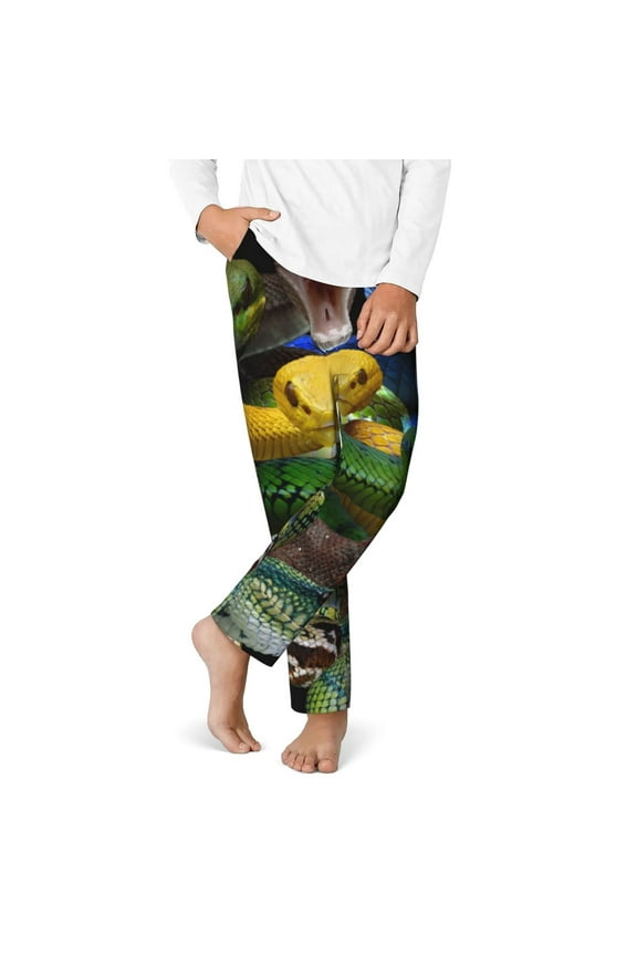 Colorful Viper Snake Print Youth Home Trousers, Elastic Waistband with Pockets for Home and Outing, Suitable for Children Aged 5-16-Large