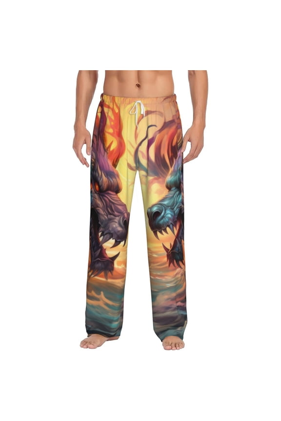 Colorful Wave Dragon Head Print Men's Home Trousers, Elastic Drawstring Home Pajamas Clothing Suitable for Adult Men-3X-Large
