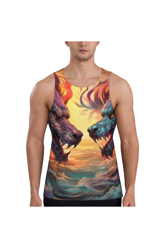 Colorful Wave Dragon Head Print Men's Quick Dry Fitness Vest, Round Neck Sleeveless Fitness Bodybuilding Top-4X-Large