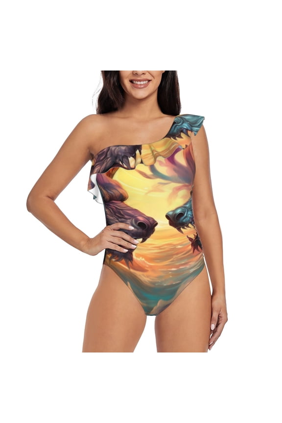 Colorful Wave Dragon Head Print One-shoulder Ruffled One-piece Swimsuit with Removable Chest Pads and Tummy-control Swimsuit for Women-Large