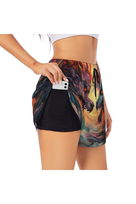 Colorful Wave Dragon Head Print Women's Sports Shorts with Drawstring Elastic Waistband for Running, Yoga, Fitness-Small