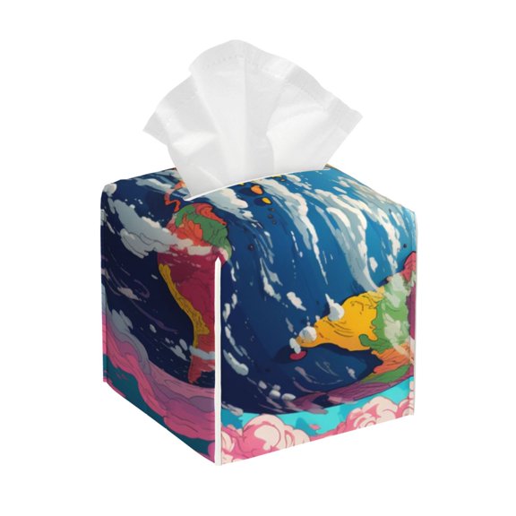 Gukieu Colorful Whimsical Earth Print Leather Tissue Box, PVC Waterproof Velcro Opening and Closing Square Tissue Box Holder, Suitable for Home and Office Decoration
