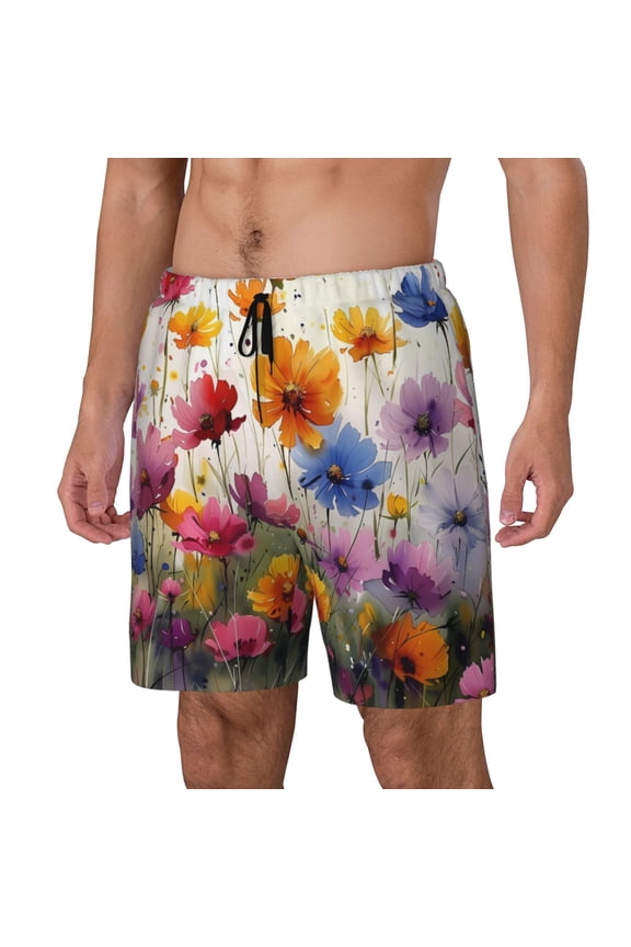 Colorful Wildflower Meadow Print Men's Double Layer Sports Swim Trunks, Quick Dry Adjustable Waist Swim Shorts Swimwear-Medium
