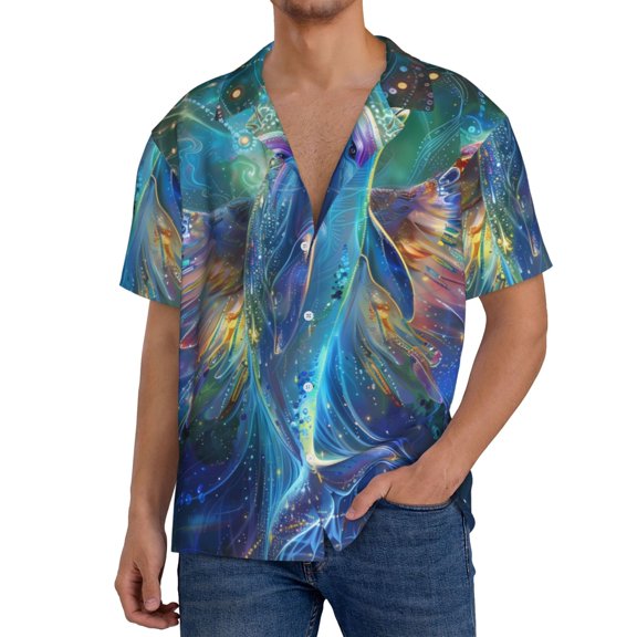 Gukieu Colorful Winged Dolphin Print Men's Short-sleeved Shirts, Button-down Pocket Shirts, T-shirts, Beach Vacation Travel Summer Clothing-Small