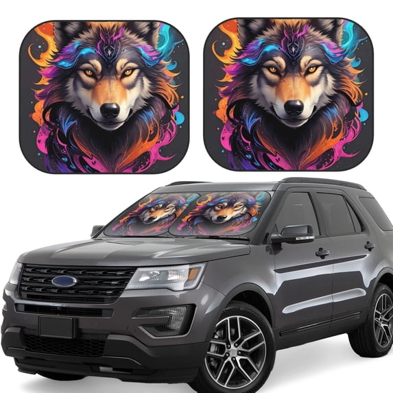 Gukieu Colorful Wolf Head Print Car Windshield Sun Visor, Foldable Anti-UV Car Sun Visor Suitable for Vans, Trucks Car Accessories-Medium
