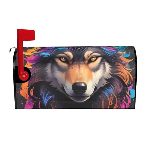 Gukieu Colorful Wolf Head Print Magnetic Mailbox Cover, Sun-proof and Waterproof Home Yard Mailbox Cover-25.5x21 in