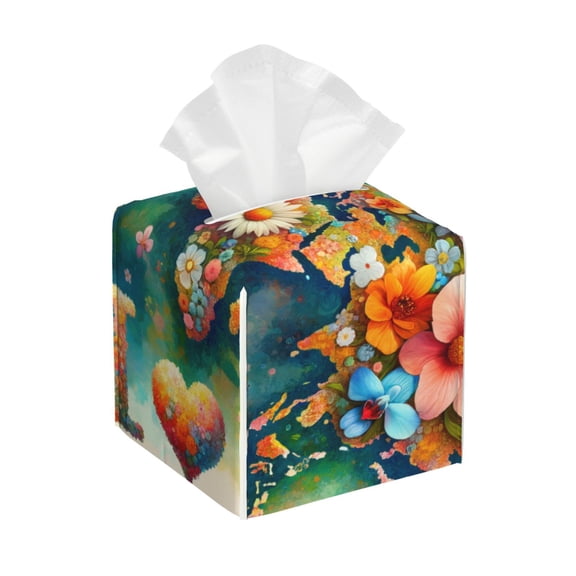 Gukieu Colorful World Map Print Leather Tissue Box, PVC Waterproof Velcro Opening and Closing Square Tissue Box Holder, Suitable for Home and Office Decoration