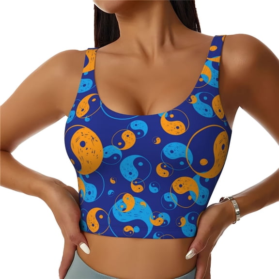 Gukieu Colorful Yin Yang Print Women's Sports Vest, Low-neck U-shaped Removable Pad Sports Bra for Yoga, Exercise, Dance-Small