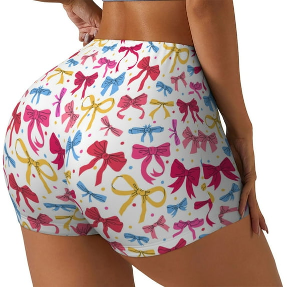 Gukieu Colorful bows Print Women's Sports Shorts, Elastic Waist High Stretch Running Yoga Gym Sweatpants-Small