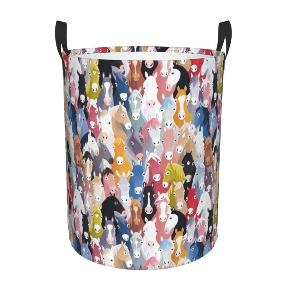 Gukieu Colourful Horses Print Round Dirty Clothes Bag, Waterproof Standing Home Bathroom Storage Basket Car Trunk Storage Bag-Small