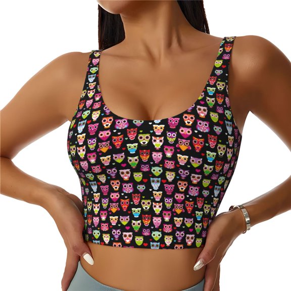 Gukieu Colourfull Owl Print Women's Sports Vest, Low-neck U-shaped Removable Pad Sports Bra for Yoga, Exercise, Dance-XX-Large